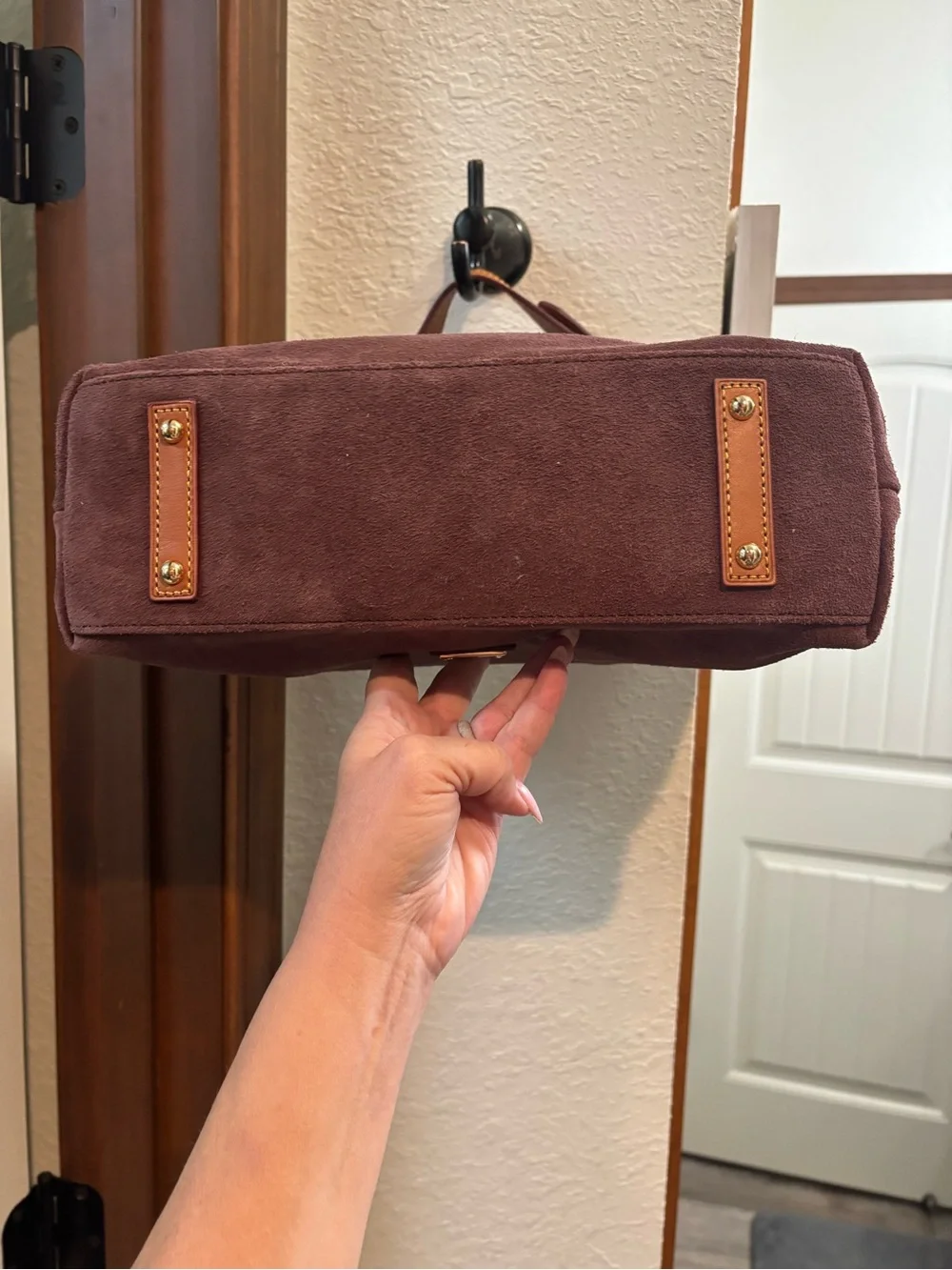 Dooney & Bourke Suede Shoulder Bag in Burgundy and Tan